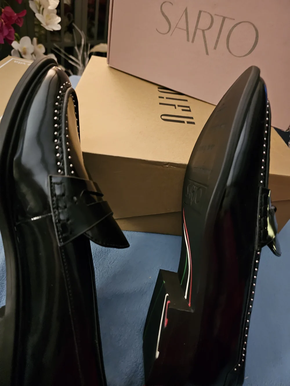 The Franco Sarto Women's Eden Black Patent Studded Penny Loafers - Picture 7 of 10